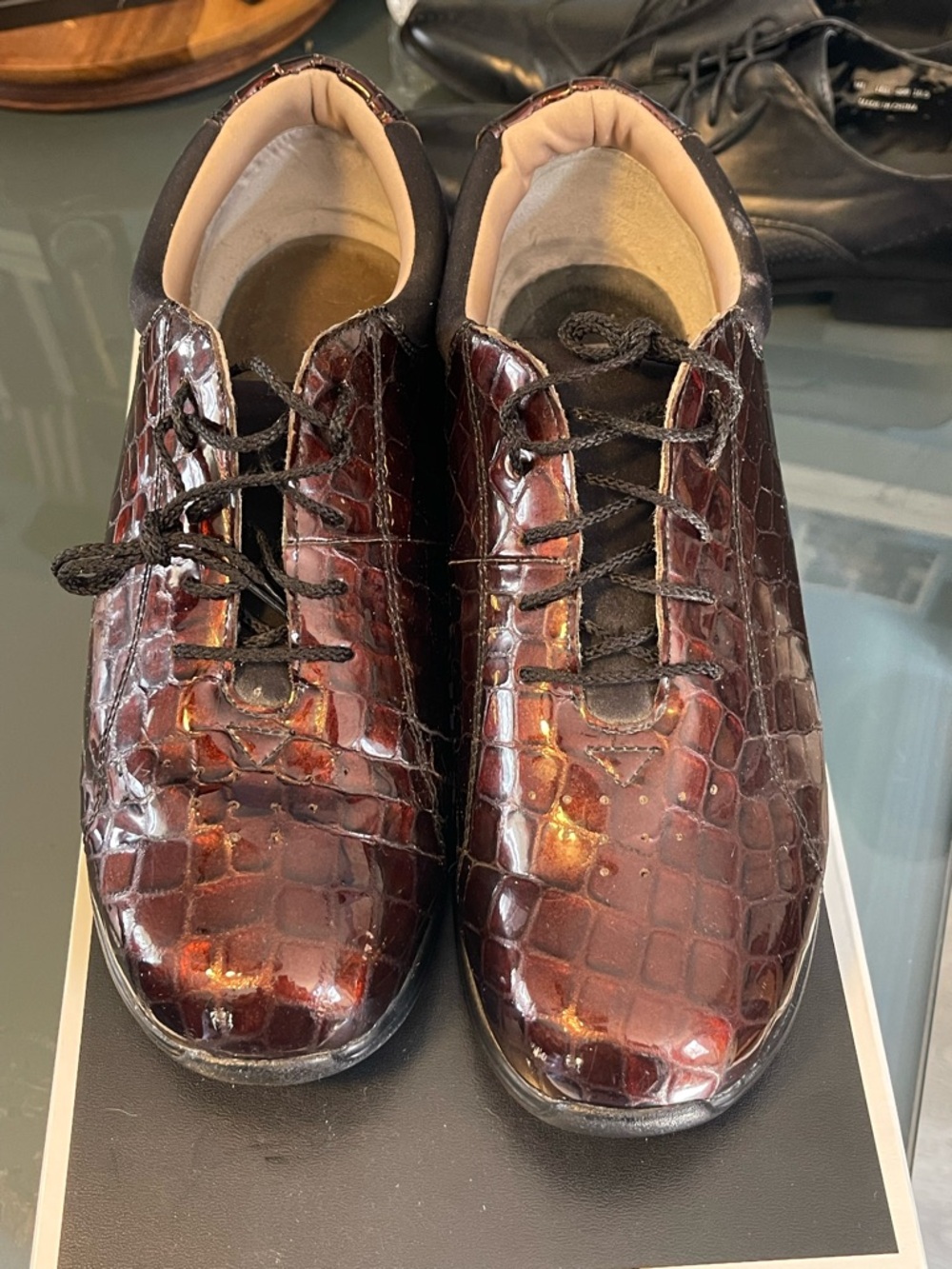 DREW Men's Croc-Embossed Lace-Up Shoes in Deep Burgundy